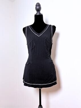 Vtg Y2K L33 Paris Euro Grunge Black Drop Waist Tank White Contrast Stitch